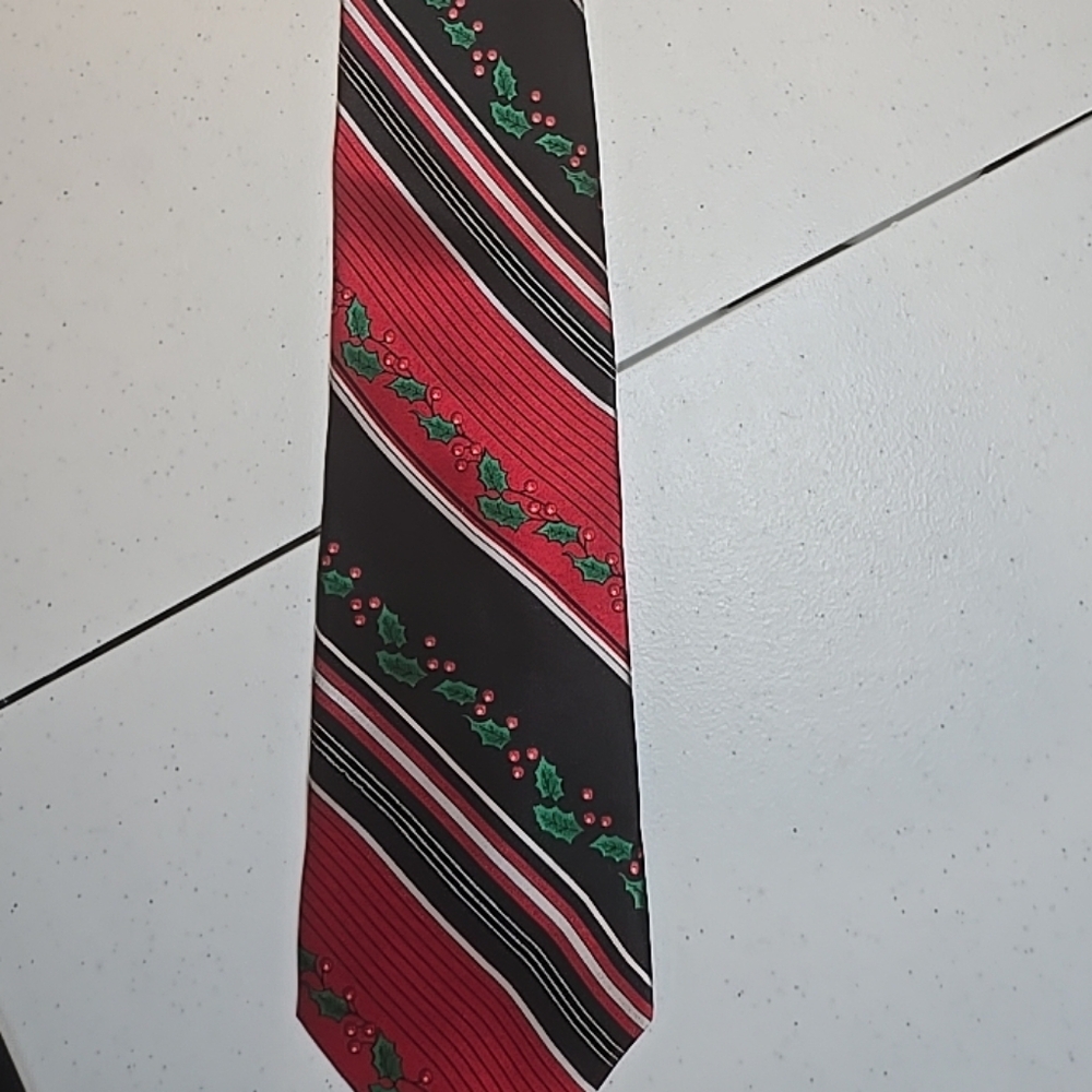 Christmas Holiday Holly Leaf & Red, Green, Black White Stripes Neck Tie 100%Silk